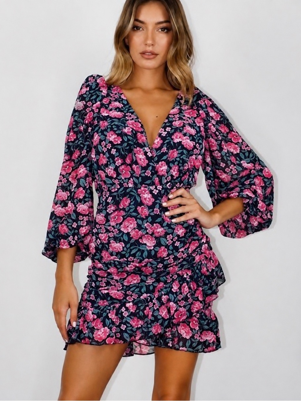 Missguided Floral Wrap Mini Dress Size US 2 Navy Pink Long Sheer Sleeve Ruffle